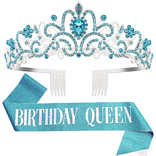 COCIDE Birthday Queen Sash & Crown Set – Blue Glitter Sash with Rhinestone Tiara for Women
