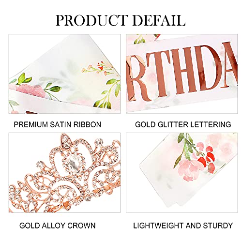 COCIDE Rose Gold Birthday Queen Sash and Tiara Set – Glitter Sash with Rhinestone Tiara for Women