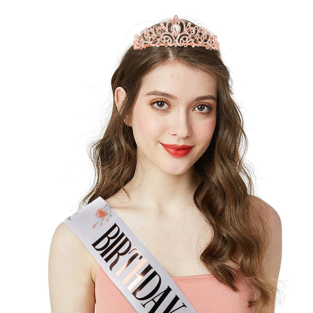 COCIDE Rose Gold Birthday Queen Sash and Tiara Set – Glitter Sash with Rhinestone Tiara for Women