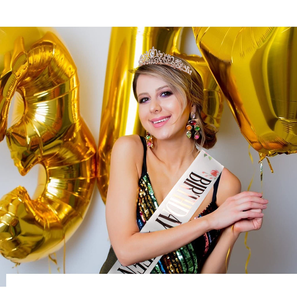 COCIDE Rose Gold Birthday Queen Sash and Tiara Set – Glitter Sash with Rhinestone Tiara for Women