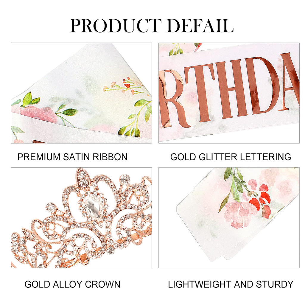 COCIDE Rose Gold Birthday Queen Sash and Tiara Set – Glitter Sash with Rhinestone Tiara for Women