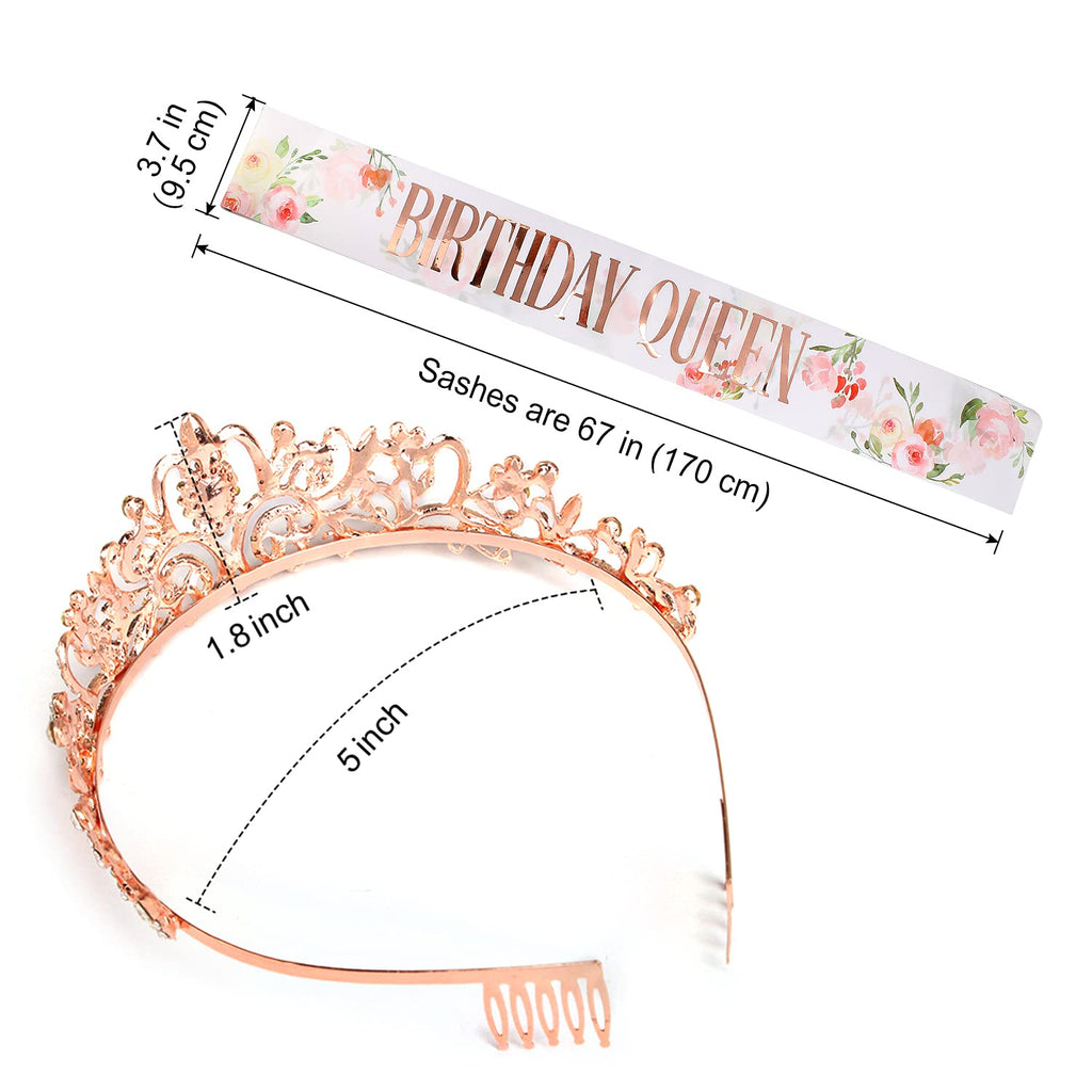 COCIDE Rose Gold Birthday Queen Sash and Tiara Set – Glitter Sash with Rhinestone Tiara for Women
