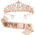 COCIDE Rose Gold Birthday Sash & Tiara Set – Rhinestone Queen Crown and Glitter Sash for Women, Girls, Party Favors