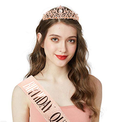 COCIDE Rose Gold Birthday Sash & Tiara Set – Rhinestone Queen Crown and Glitter Sash for Women, Girls, Party Favors