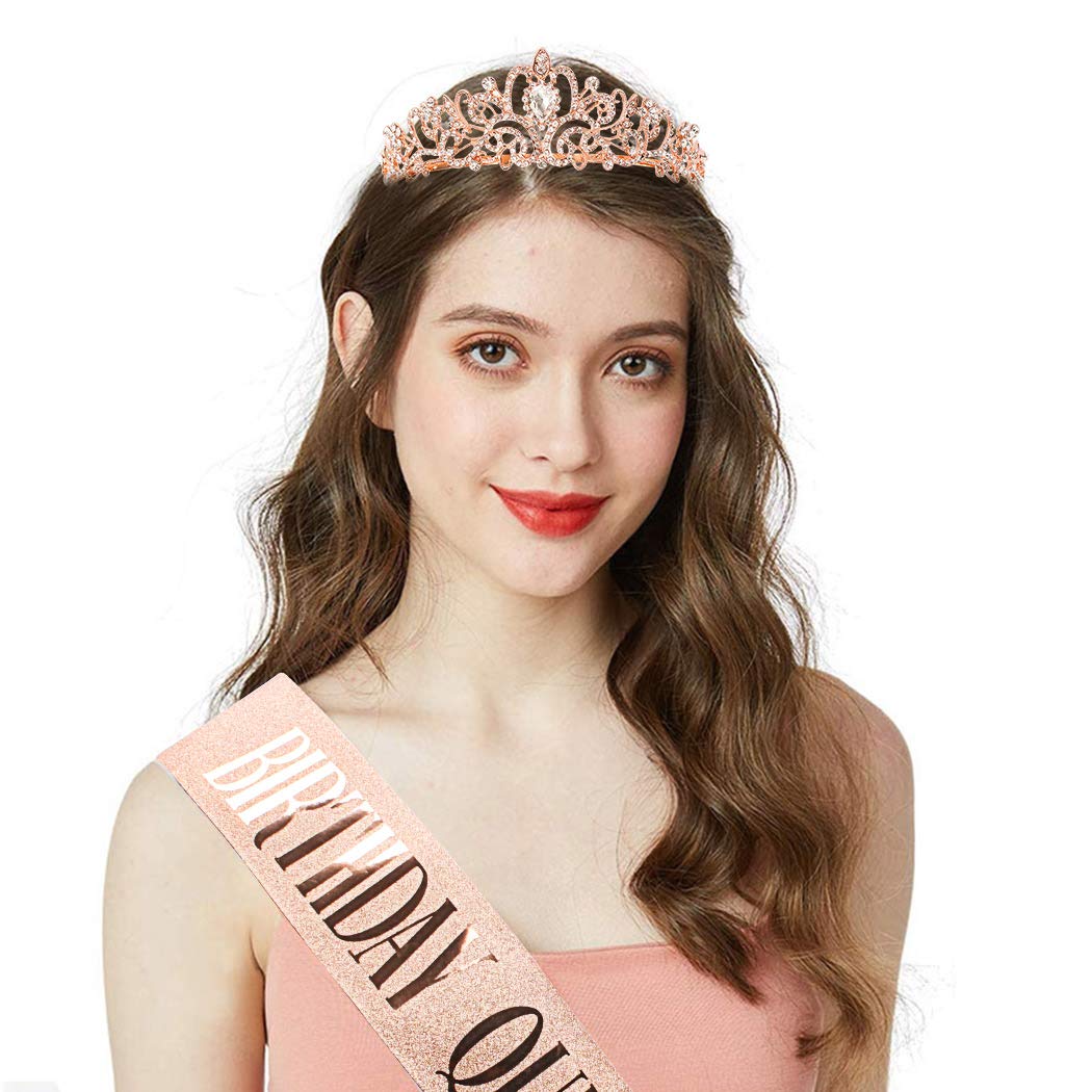 COCIDE Rose Gold Birthday Sash & Tiara Set – Rhinestone Queen Crown and Glitter Sash for Women, Girls, Party Favors