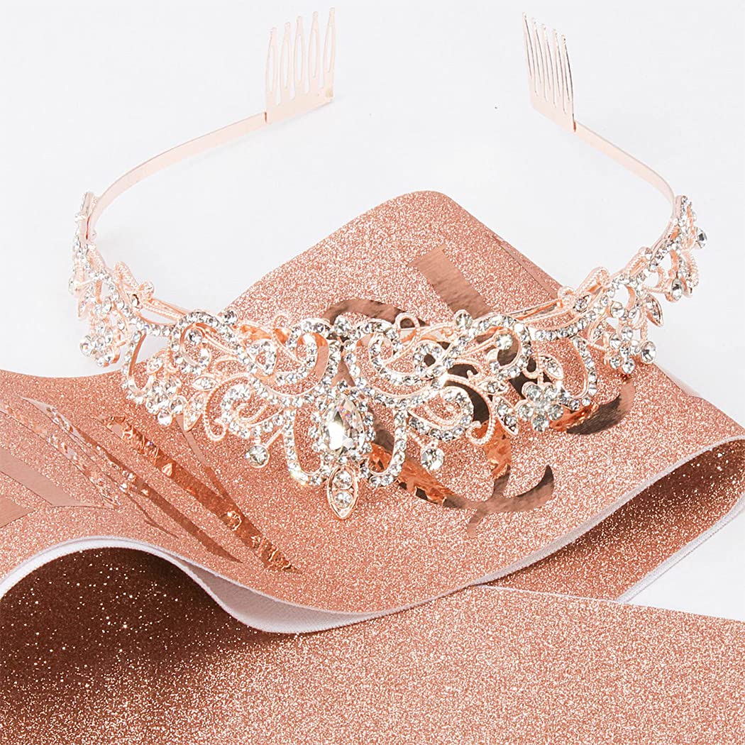COCIDE Rose Gold Birthday Sash & Tiara Set – Rhinestone Queen Crown and Glitter Sash for Women, Girls, Party Favors