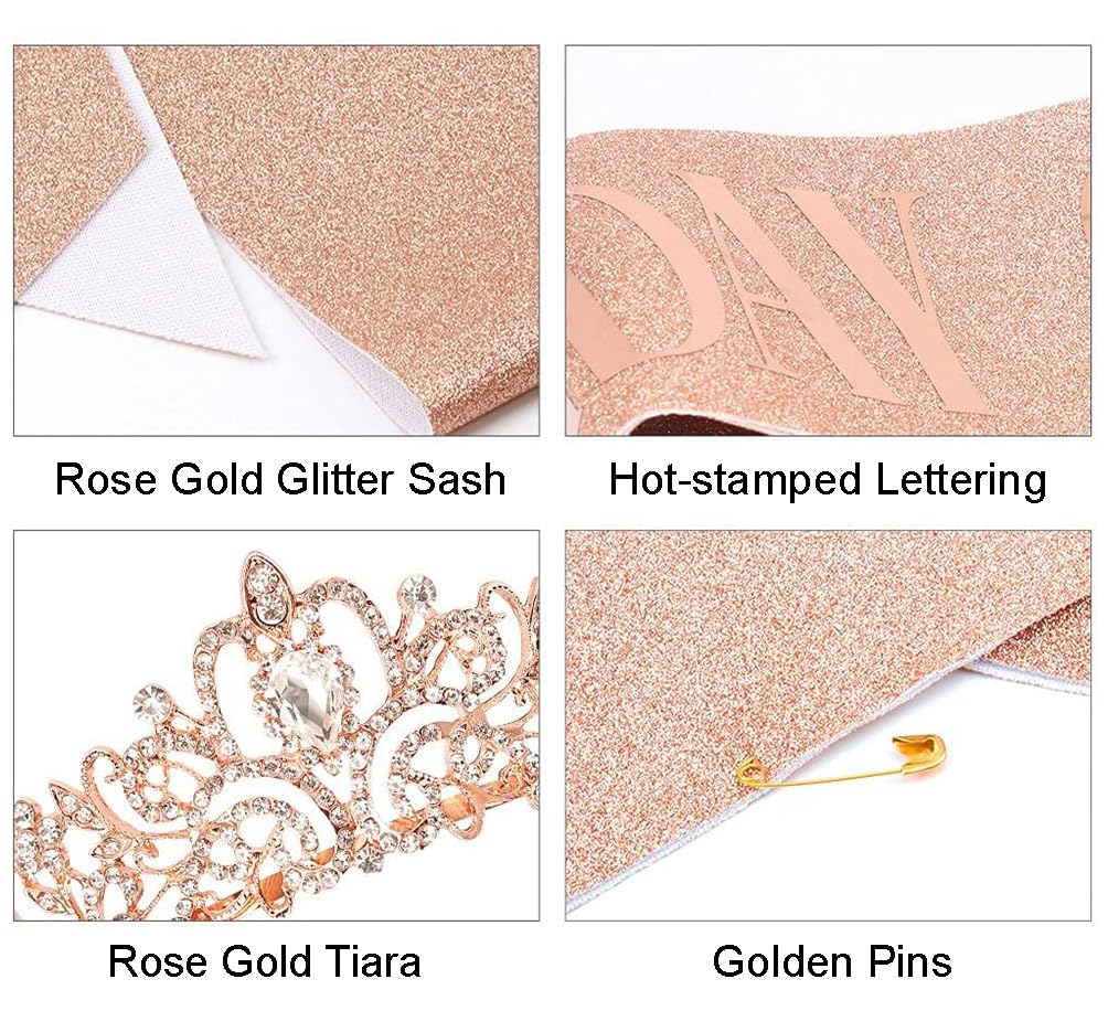 COCIDE Rose Gold Birthday Sash & Tiara Set – Rhinestone Queen Crown and Glitter Sash for Women, Girls, Party Favors