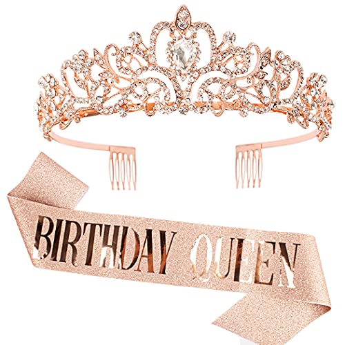 COCIDE Rose Gold Birthday Sash & Tiara Set – Rhinestone Queen Crown and Glitter Sash for Women, Girls, Party Favors