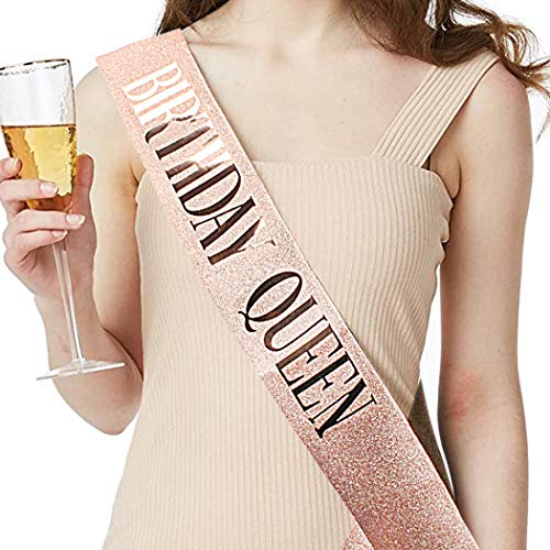 COCIDE Rose Gold Birthday Sash & Tiara Set – Rhinestone Queen Crown and Glitter Sash for Women, Girls, Party Favors