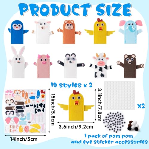 COcnny 20-Piece DIY Felt Animal Finger Puppet Craft Kit for Kids