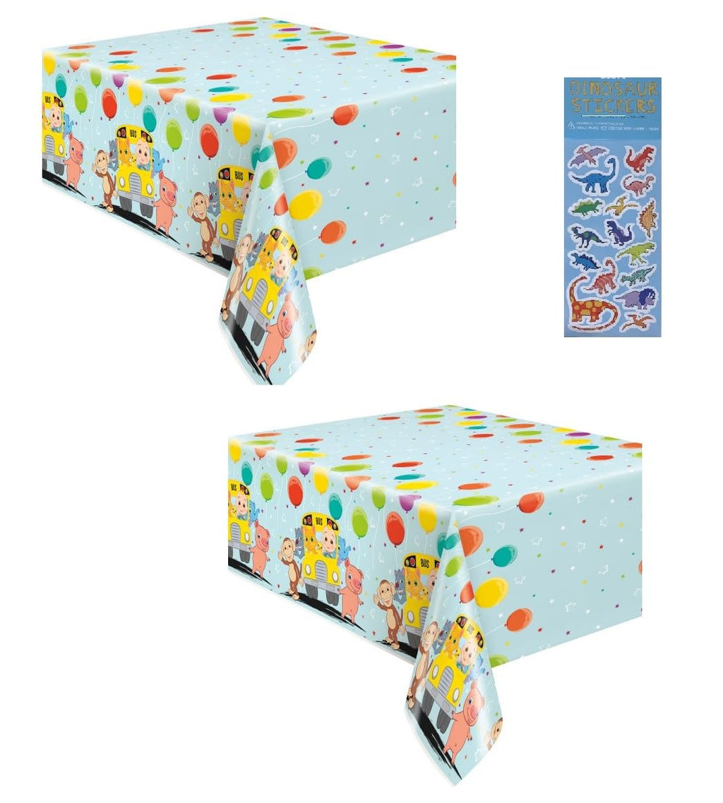 Cocomelon Birthday Party Bundle: 2 Plastic Table Covers (54x84) + Dinosaur Sticker Sheet