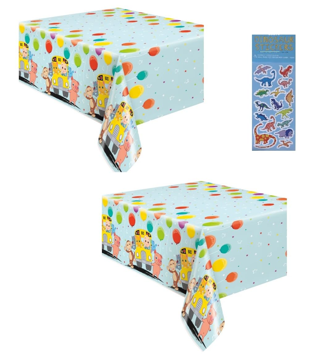 Cocomelon Birthday Party Bundle: 2 Plastic Table Covers (54x84) + Dinosaur Sticker Sheet