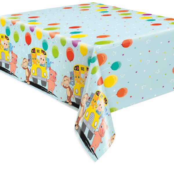Cocomelon Birthday Party Bundle: 2 Plastic Table Covers (54x84) + Dinosaur Sticker Sheet
