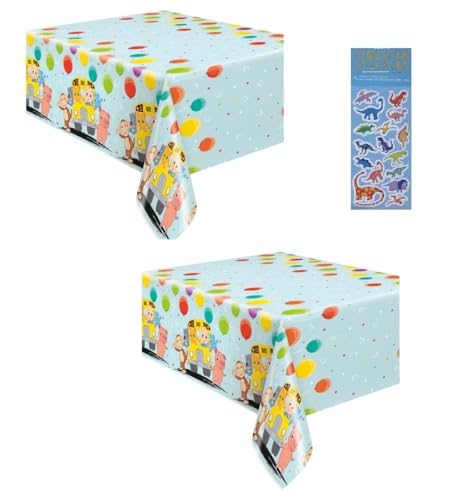 Cocomelon Birthday Party Bundle: 2 Plastic Table Covers (54x84) + Dinosaur Sticker Sheet