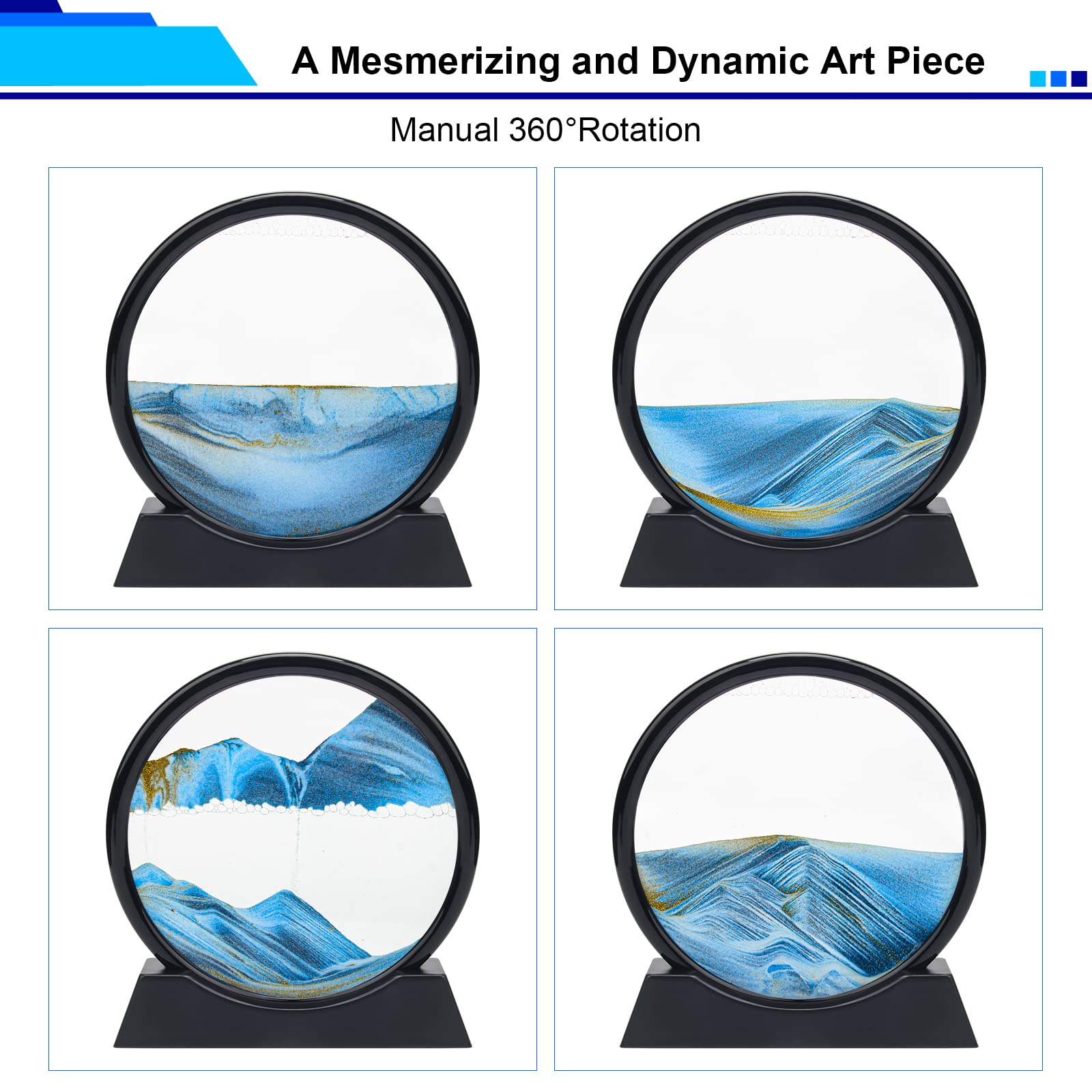 Coitak Round Moving Sand Art Picture – Blue Desktop Dynamic Sand Art for Relaxation and Decor