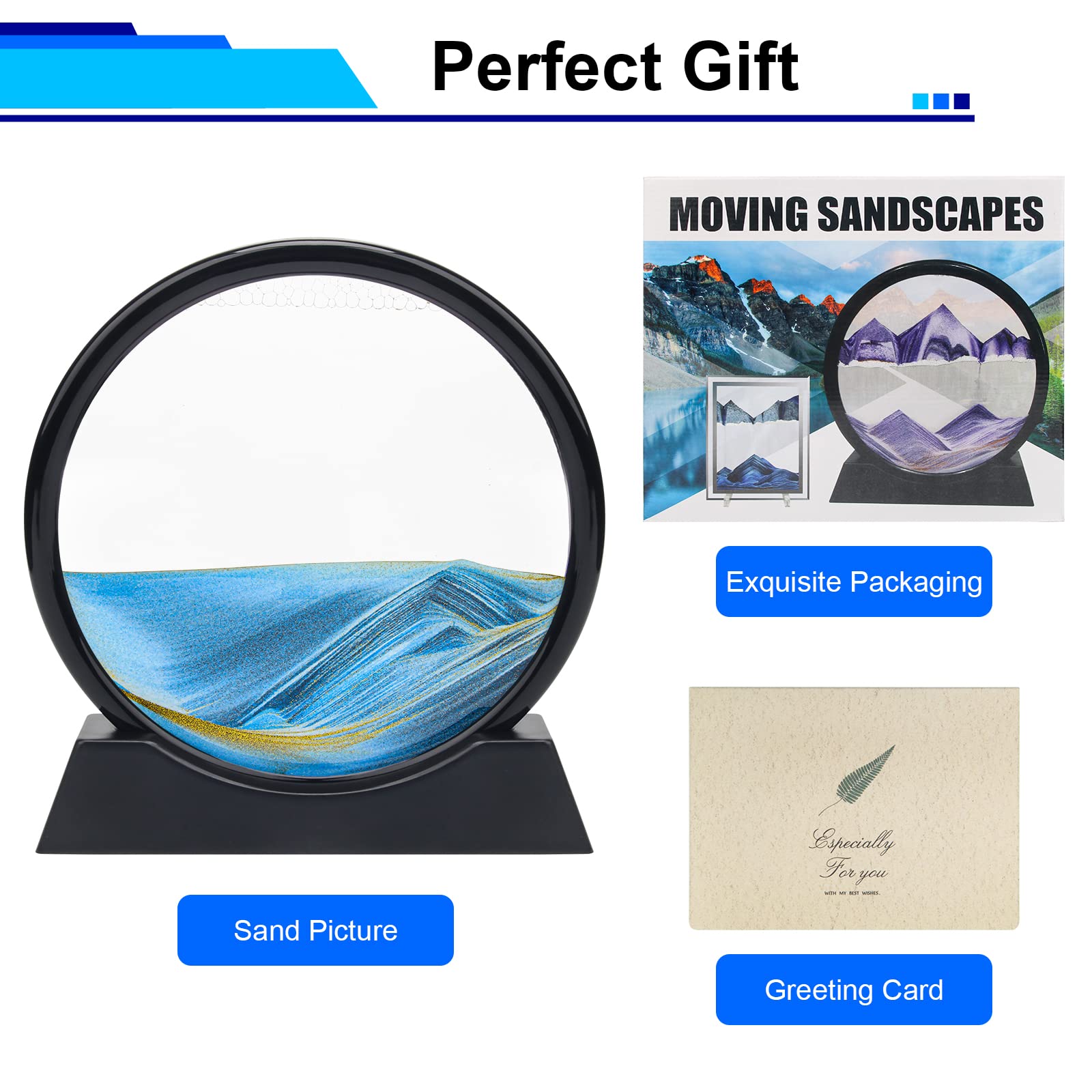 Coitak Round Moving Sand Art Picture – Blue Desktop Dynamic Sand Art for Relaxation and Decor