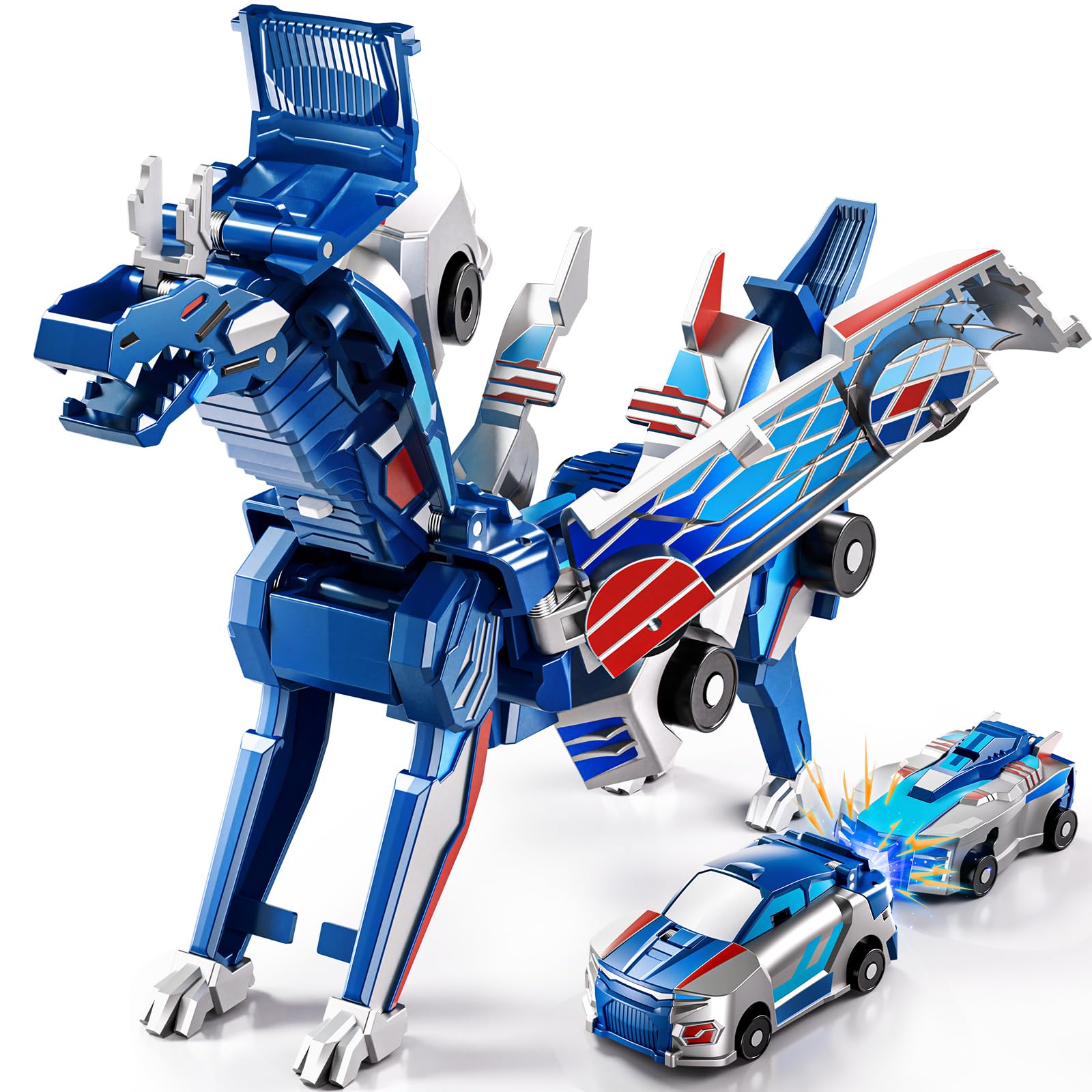 Collision Transforming Dinosaur Car Toy – 2-in-1 Magnetic Cars Transform into Dinosaur for Kids Ages 3-12 (Blue)
