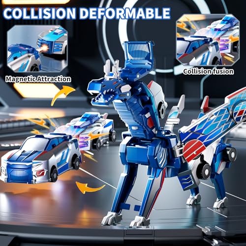 Collision Transforming Dinosaur Car Toy – 2-in-1 Magnetic Cars Transform into Dinosaur for Kids Ages 3-12 (Blue)