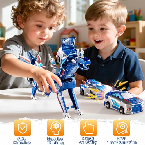 Collision Transforming Dinosaur Car Toy – 2-in-1 Magnetic Cars Transform into Dinosaur for Kids Ages 3-12 (Blue)