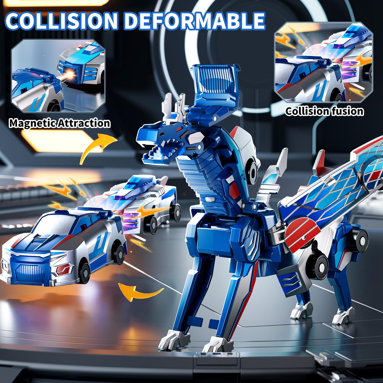 Collision Transforming Dinosaur Car Toy – 2-in-1 Magnetic Cars Transform into Dinosaur for Kids Ages 3-12 (Blue)