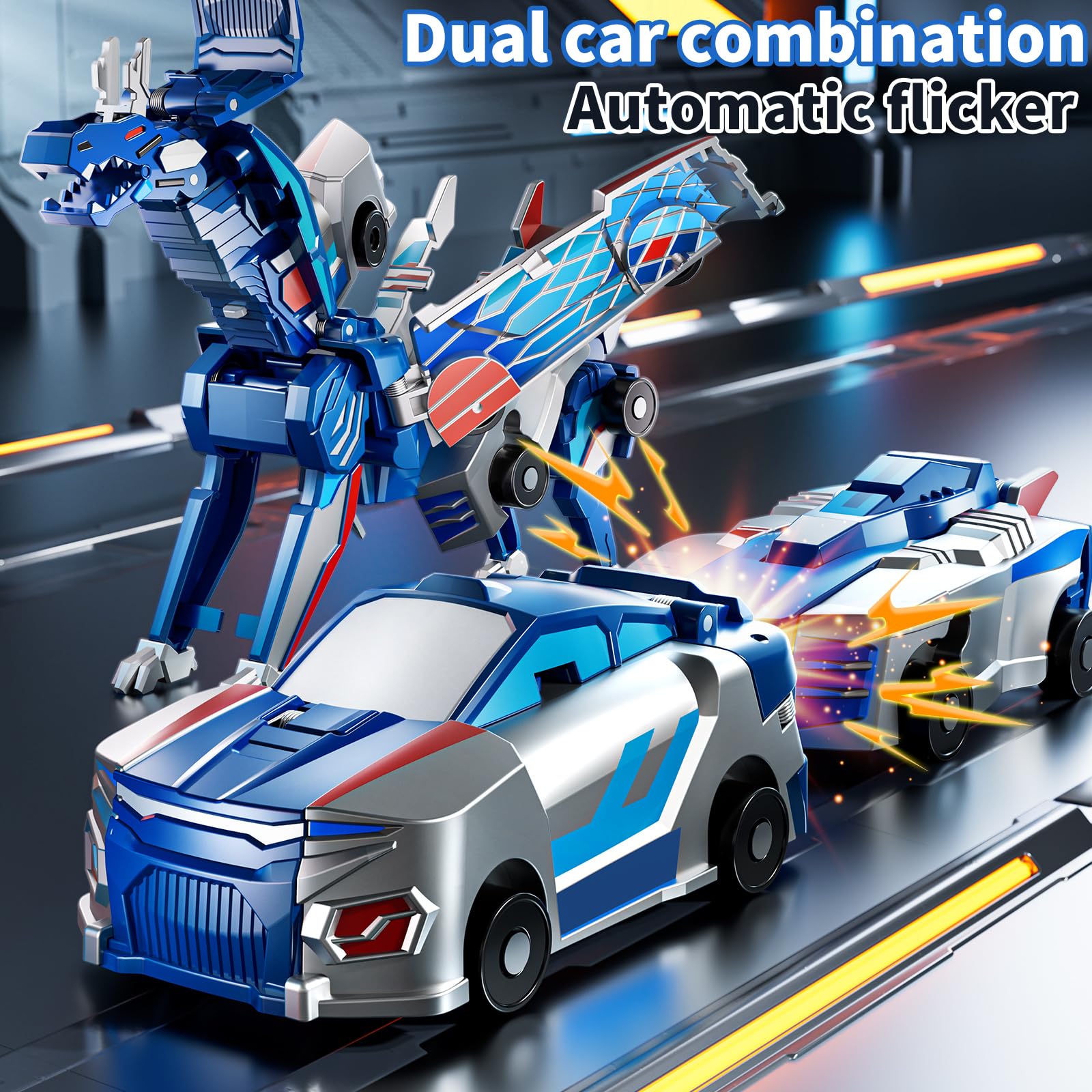 Collision Transforming Dinosaur Car Toy – 2-in-1 Magnetic Cars Transform into Dinosaur for Kids Ages 3-12 (Blue)