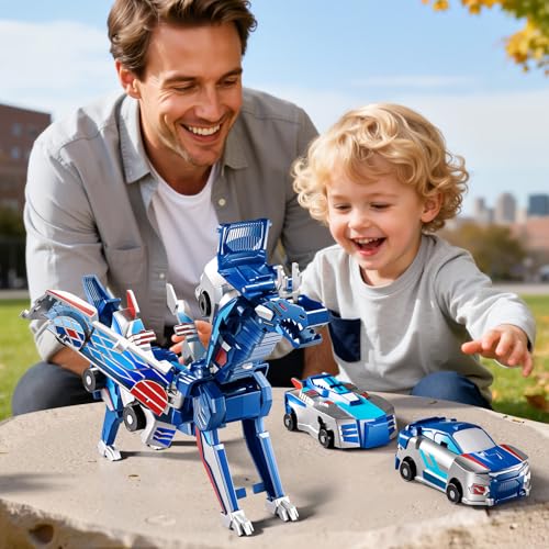 Collision Transforming Dinosaur Car Toy – 2-in-1 Magnetic Cars Transform into Dinosaur for Kids Ages 3-12 (Blue)