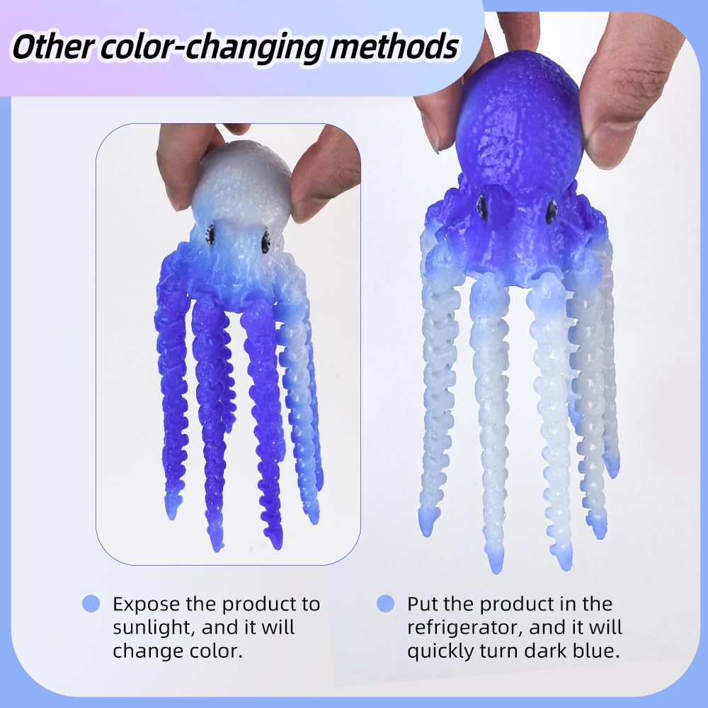 Color-Changing 3D Printed Octopus Fidget Toy – Blue to White, Temperature Sensitive, PLA Desk Decor