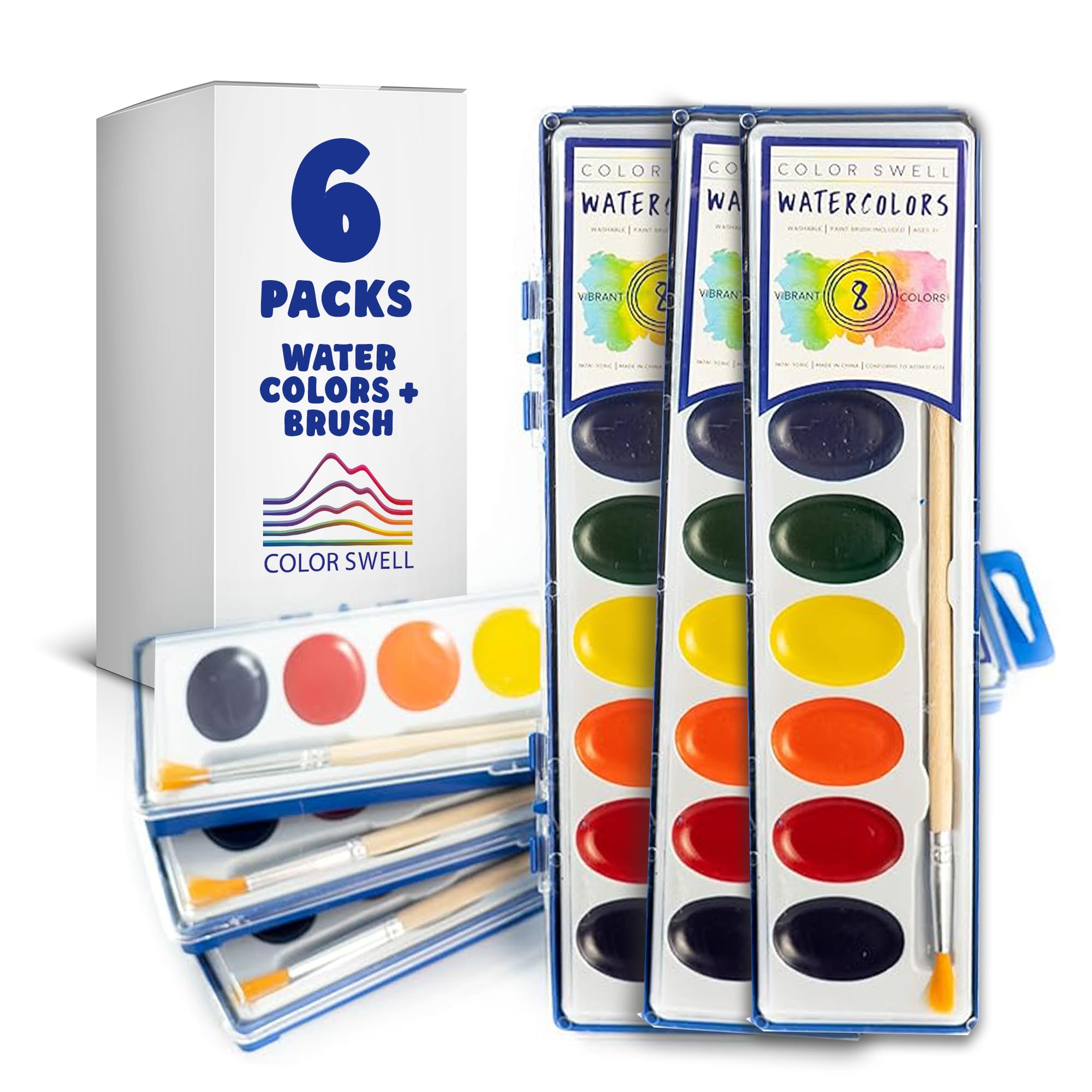 Color Swell 6-Pack Bulk Watercolor Paint Sets with Wood Brushes – 8 Washable Colors for Kids, Classrooms, and Parties