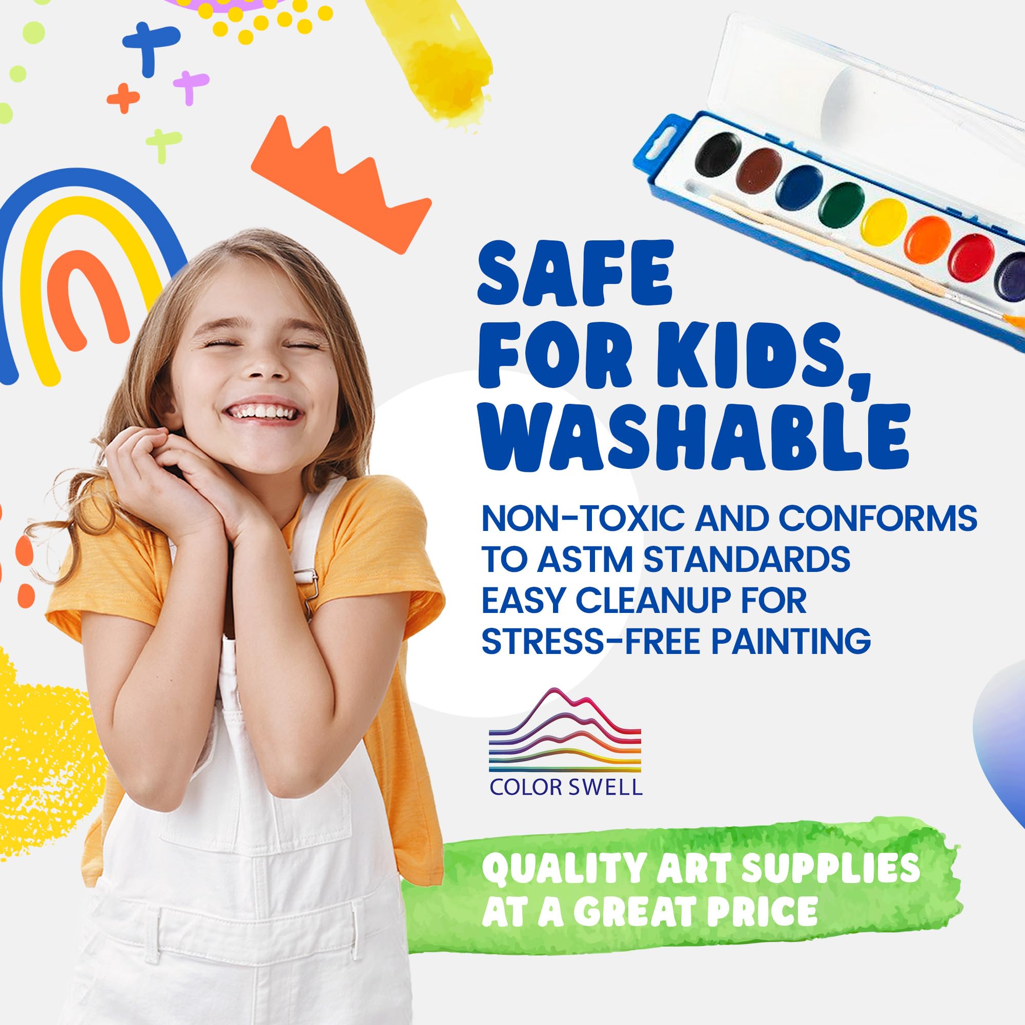 Color Swell 6-Pack Bulk Watercolor Paint Sets with Wood Brushes – 8 Washable Colors for Kids, Classrooms, and Parties