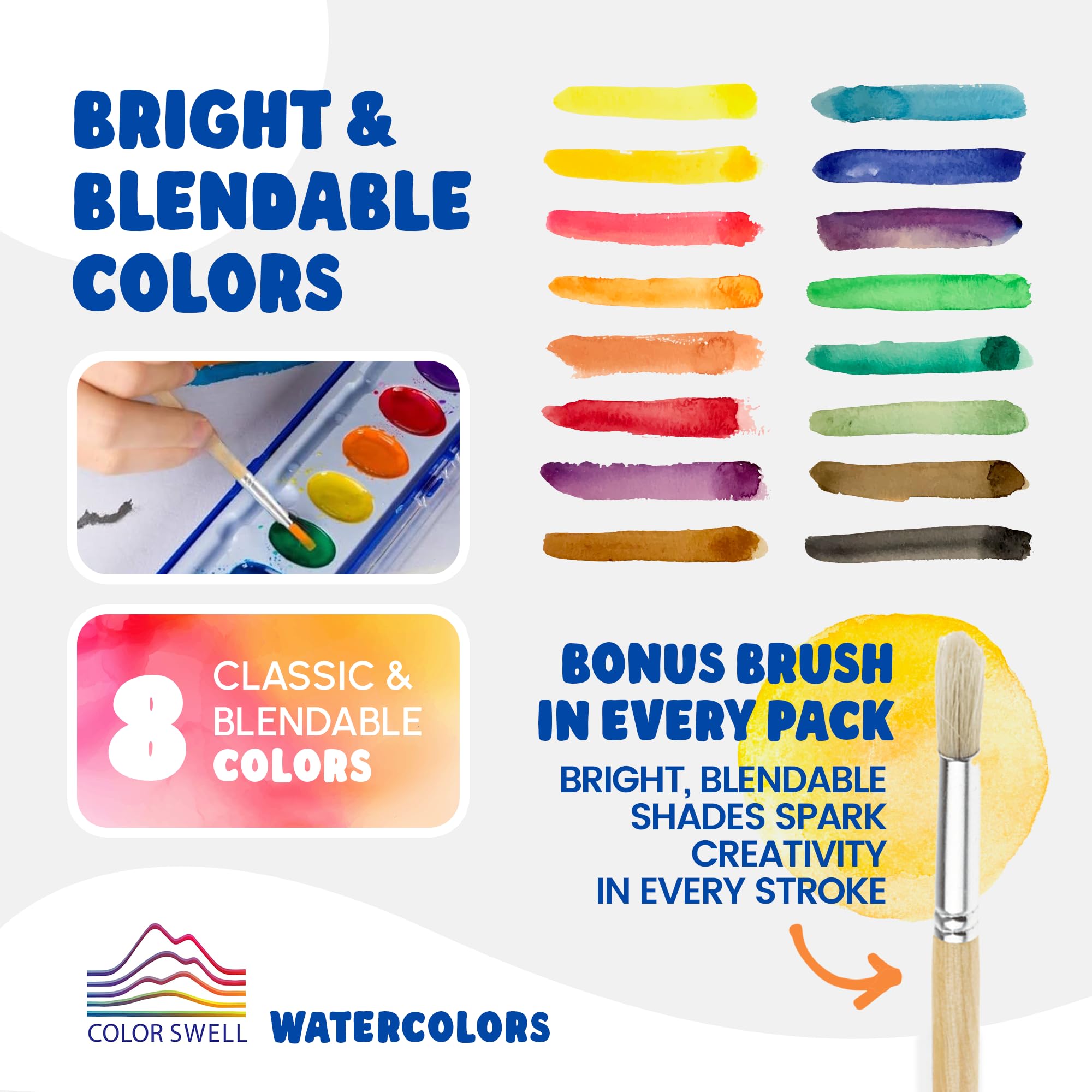 Color Swell 6-Pack Bulk Watercolor Paint Sets with Wood Brushes – 8 Washable Colors for Kids, Classrooms, and Parties