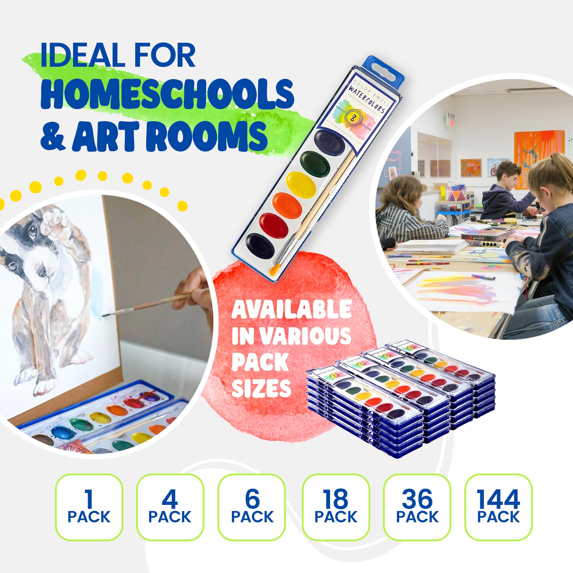 Color Swell 6-Pack Bulk Watercolor Paint Sets with Wood Brushes – 8 Washable Colors for Kids, Classrooms, and Parties