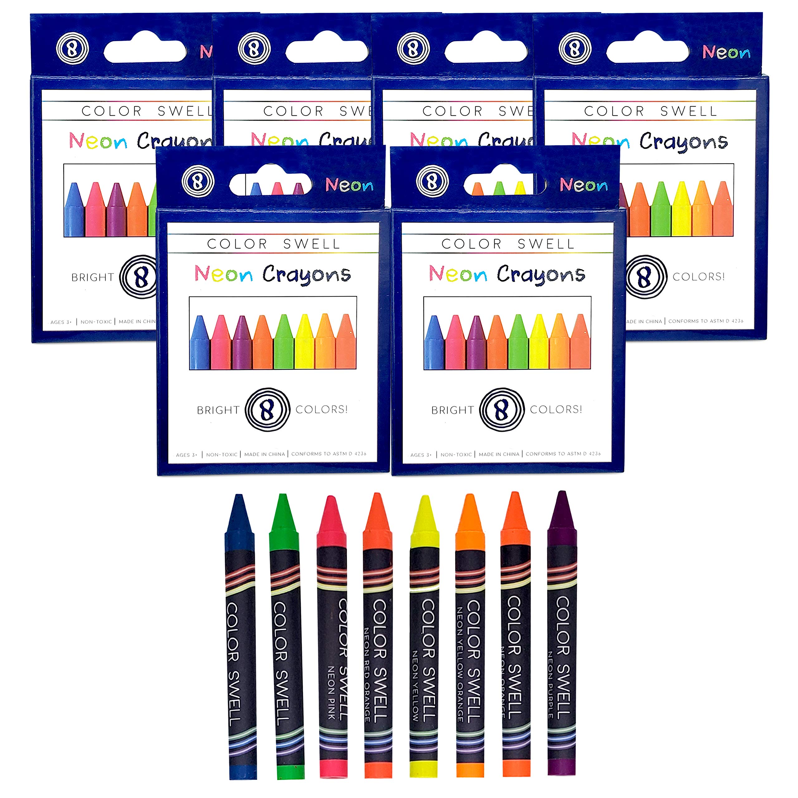 Color Swell Neon Crayons Bulk Pack – 6 Boxes of 8 Vibrant Colors, Teacher-Quality Crayons for Kids