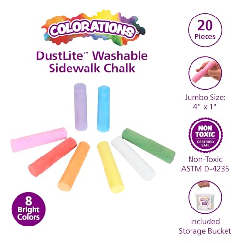 Colorations Jumbo Washable Sidewalk Chalk Set, 20 Pieces, 8 Colors, Non-Toxic, Ages 4+