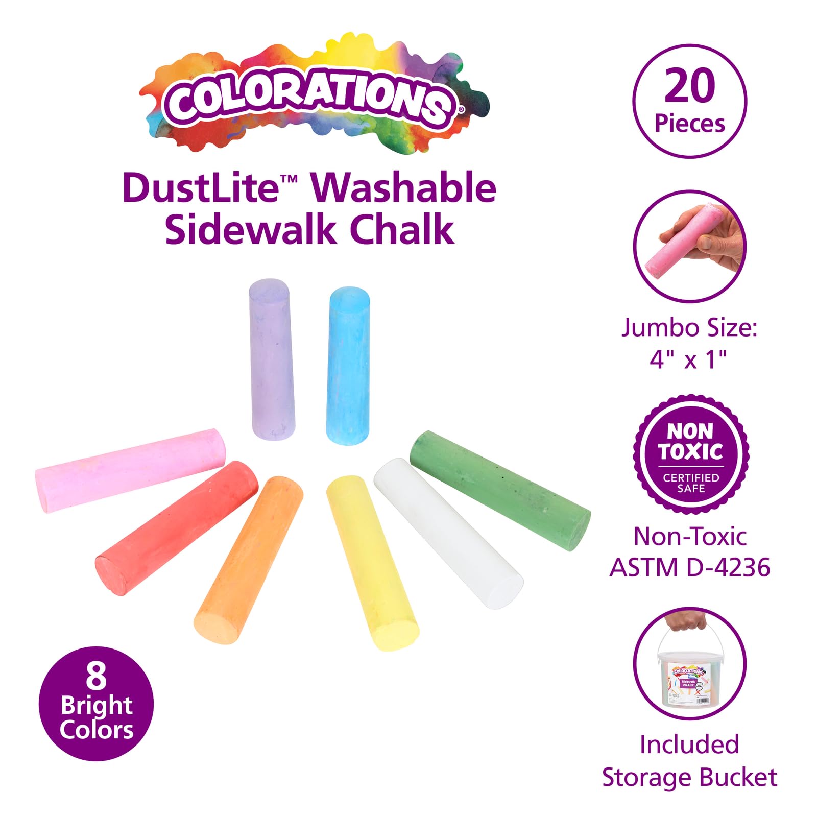 Colorations Jumbo Washable Sidewalk Chalk Set, 20 Pieces, 8 Colors, Non-Toxic, Ages 4+