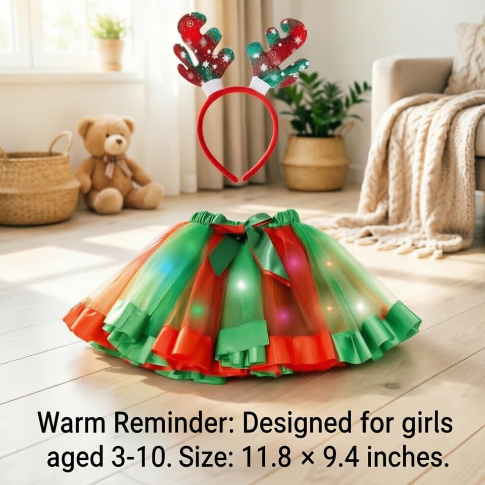 COLORFUL BLING Light Up Tutu Dress with Antler Headband for Girls - Glowing Ballet Skirt Costume for Stage, Christmas, Halloween