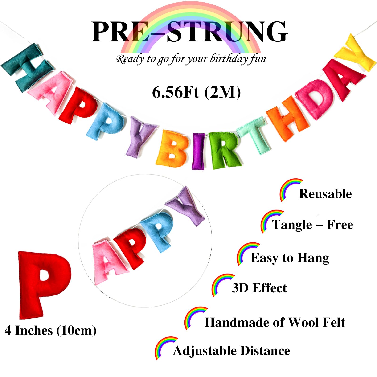 Colorful Felt Happy Birthday Banner – Pre-Strung, Reusable Rainbow Party Garland
