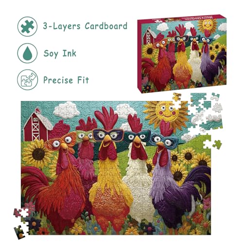 Colorful Rooster Jigsaw Puzzle 500 Pieces – STYISHANG Funny Chicken Puzzle with Poster and Letter Sorting
