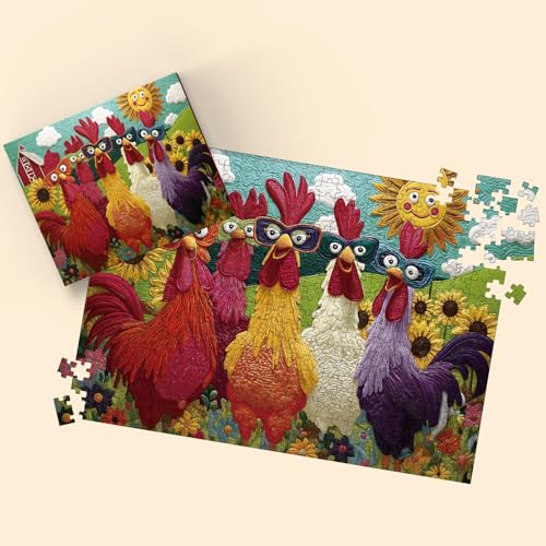 Colorful Rooster Jigsaw Puzzle 500 Pieces – STYISHANG Funny Chicken Puzzle with Poster and Letter Sorting