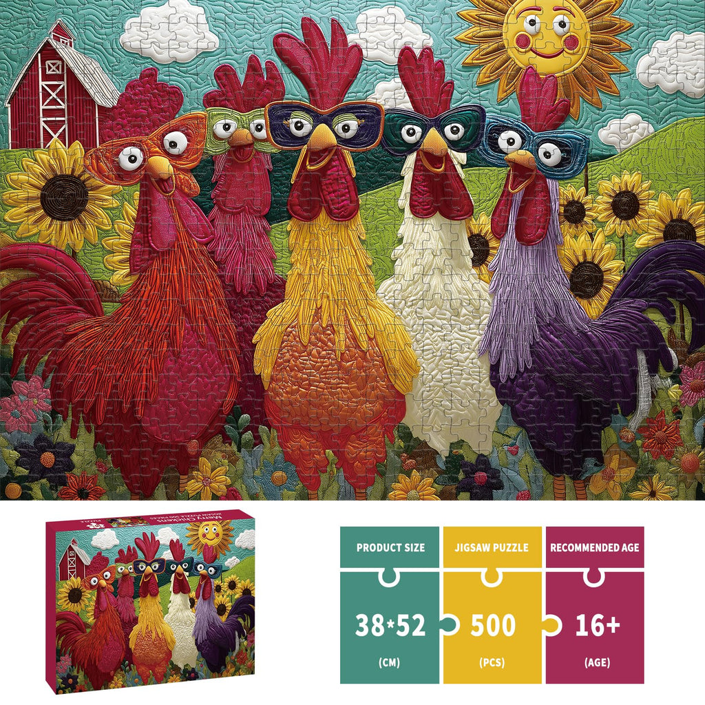 Colorful Rooster Jigsaw Puzzle 500 Pieces – STYISHANG Funny Chicken Puzzle with Poster and Letter Sorting