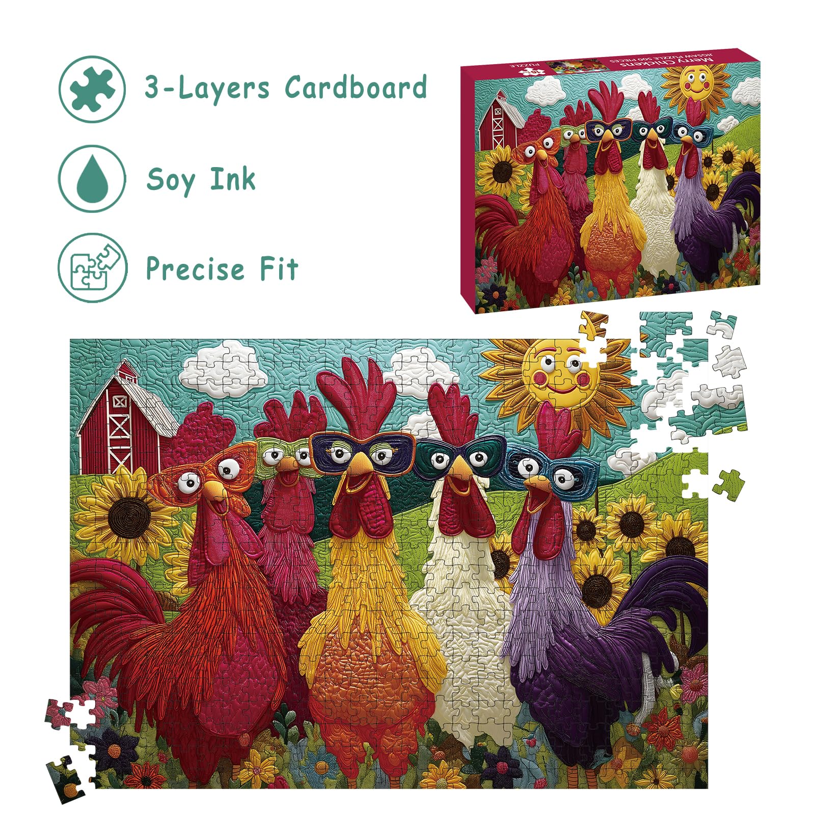 Colorful Rooster Jigsaw Puzzle 500 Pieces – STYISHANG Funny Chicken Puzzle with Poster and Letter Sorting
