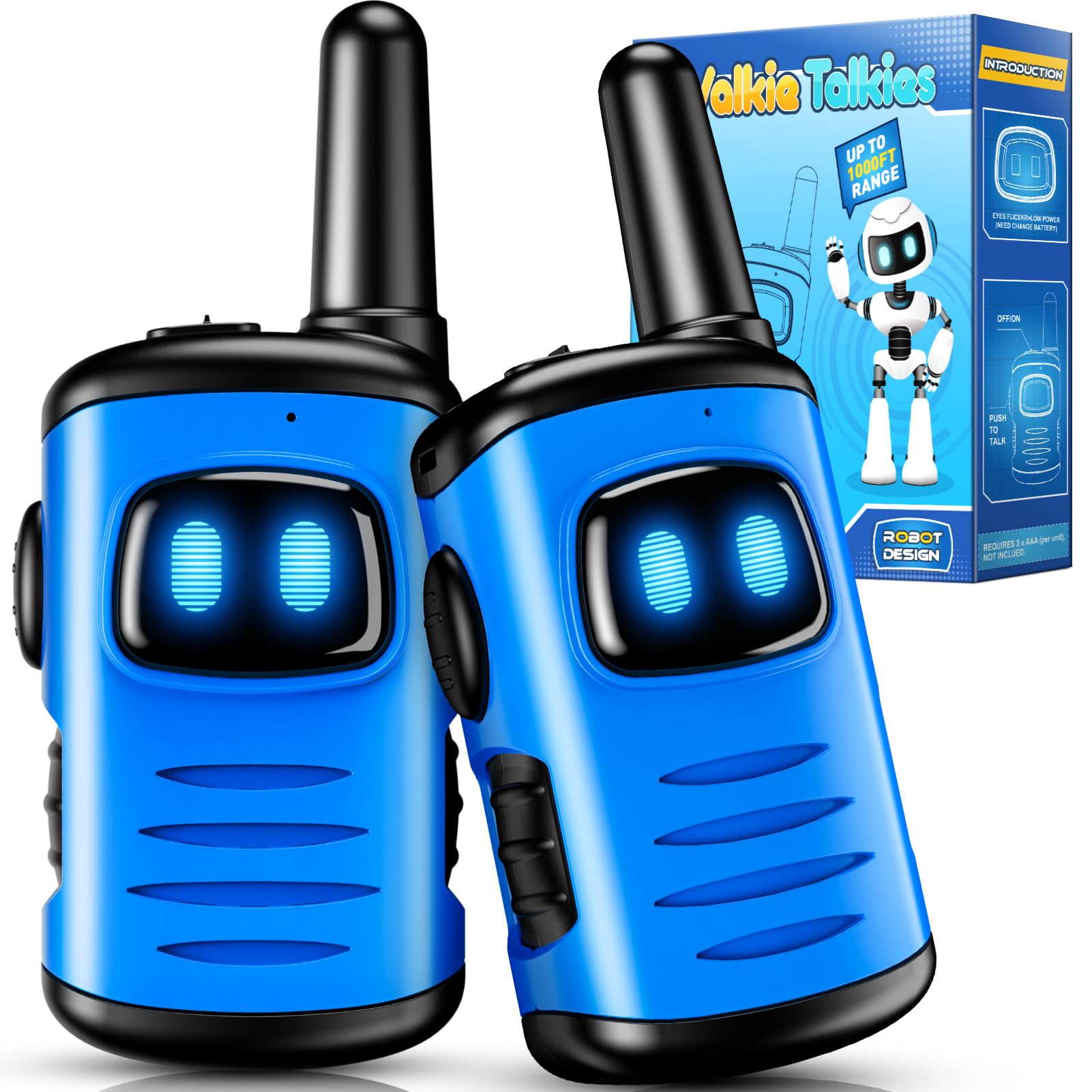 comedyfun Kids Walkie Talkies 2-Pack: Mini Robot Design for Ages 3-8, 1000 Feet Range, Blue
