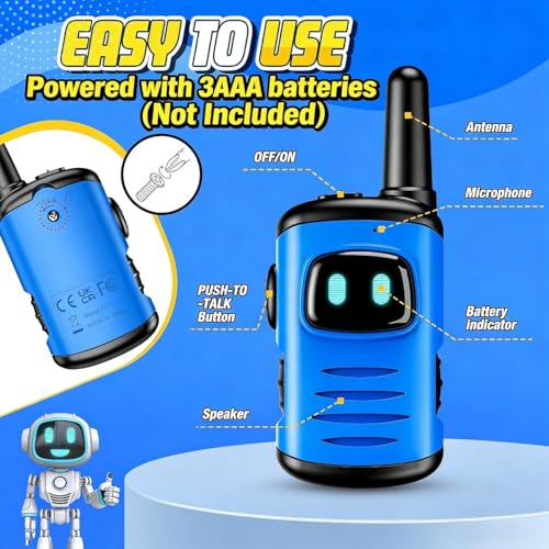 comedyfun Kids Walkie Talkies 2-Pack: Mini Robot Design for Ages 3-8, 1000 Feet Range, Blue