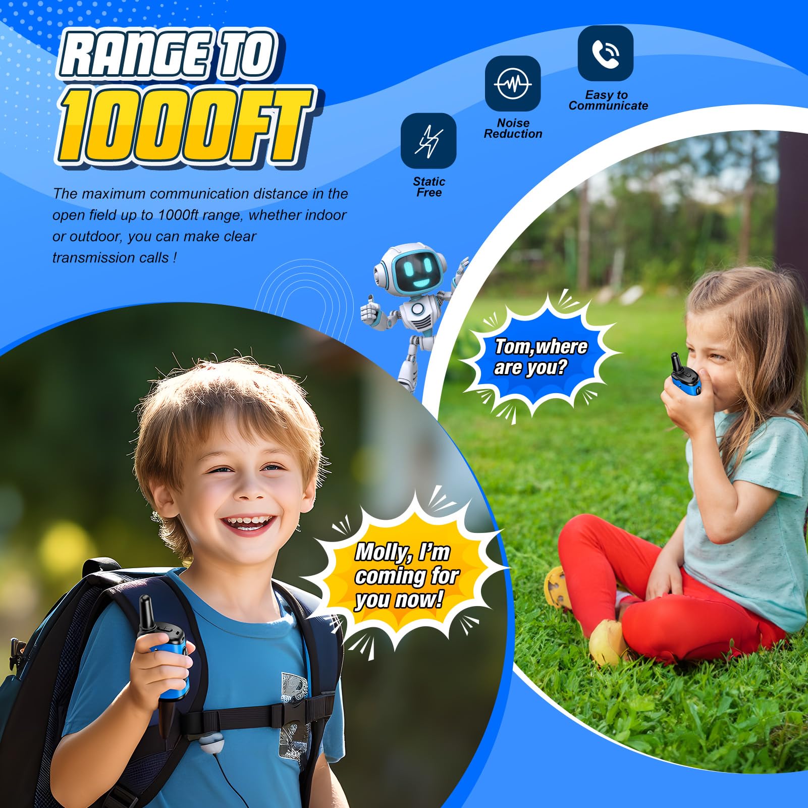 comedyfun Kids Walkie Talkies 2-Pack: Mini Robot Design for Ages 3-8, 1000 Feet Range, Blue
