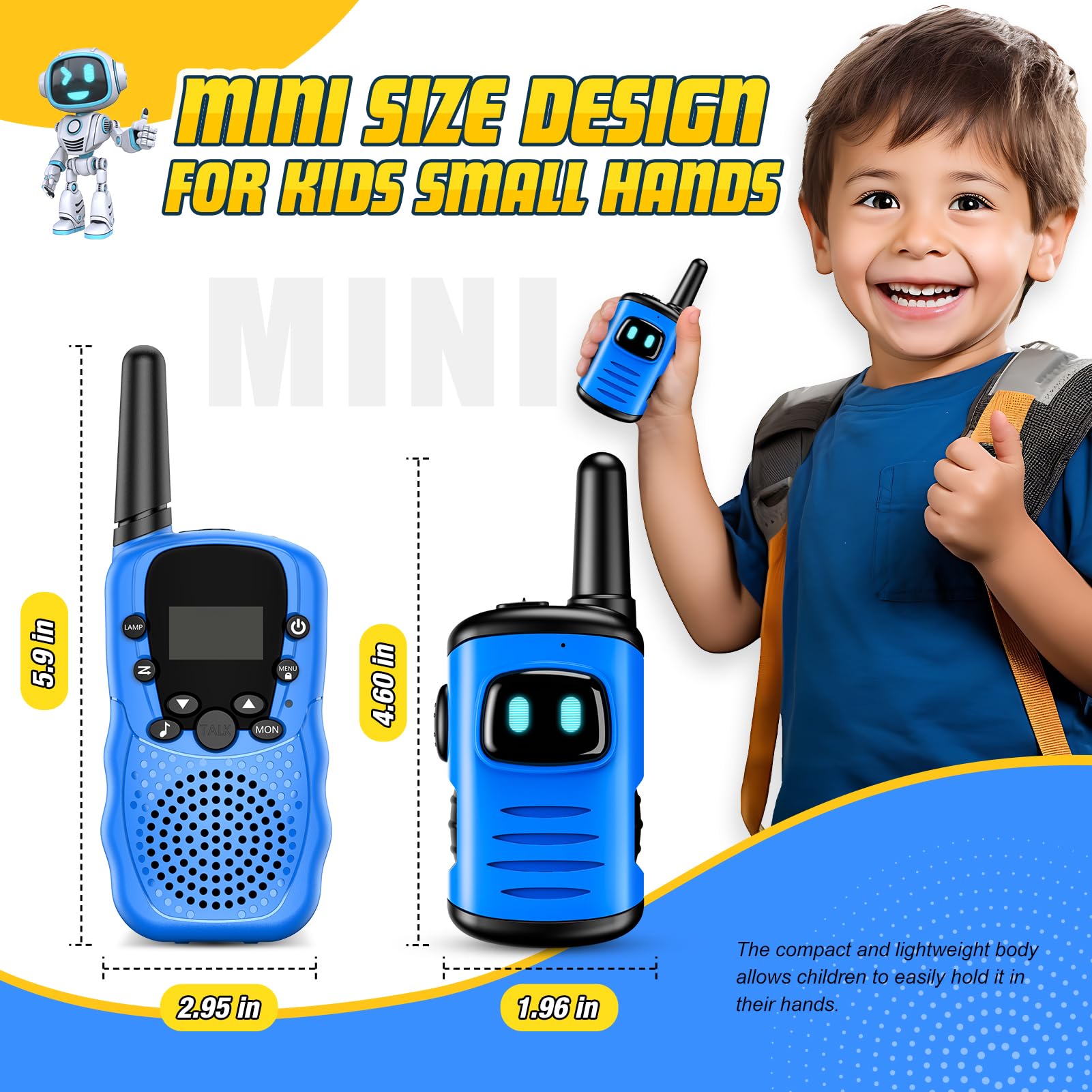comedyfun Kids Walkie Talkies 2-Pack: Mini Robot Design for Ages 3-8, 1000 Feet Range, Blue