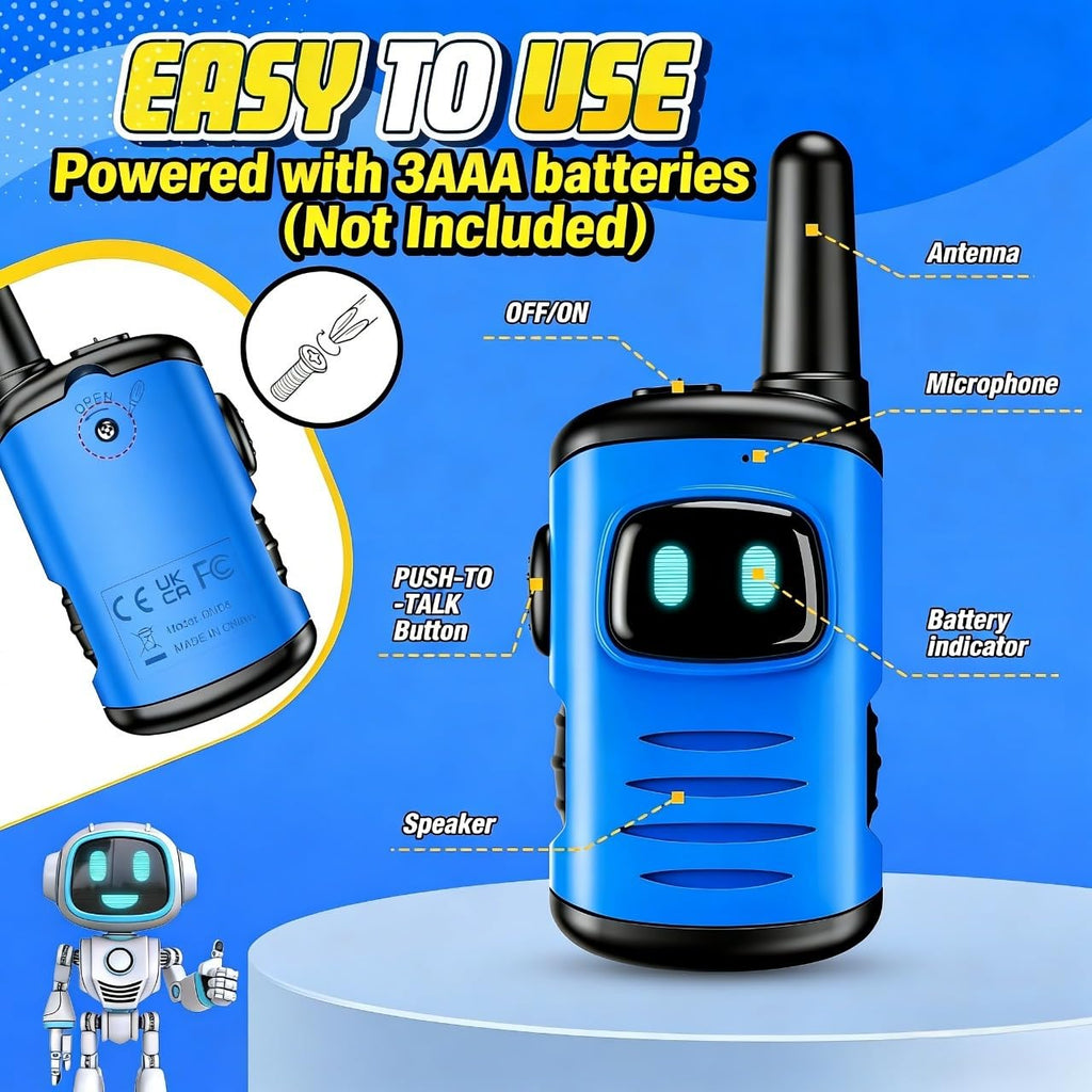 comedyfun Kids Walkie Talkies 2-Pack: Mini Robot Design for Ages 3-8, 1000 Feet Range, Blue