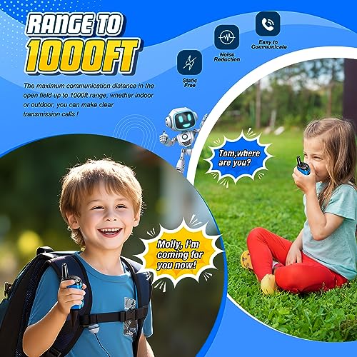 comedyfun Kids Walkie Talkies 2-Pack: Mini Robot Design for Ages 3-8, 1000 Feet Range, Blue