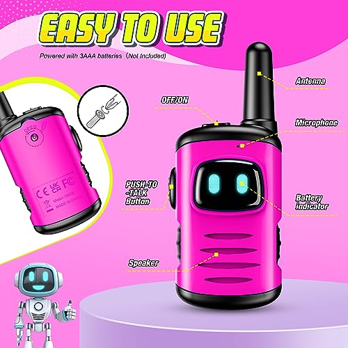 comedyfun Mini Robot Walkie Talkies for Girls - Pink 2 Pack, Lightweight and Durable Toy for Ages 3-6, Up to 1000 Feet Range, Push-to-Talk, Gift for Outdoor Play