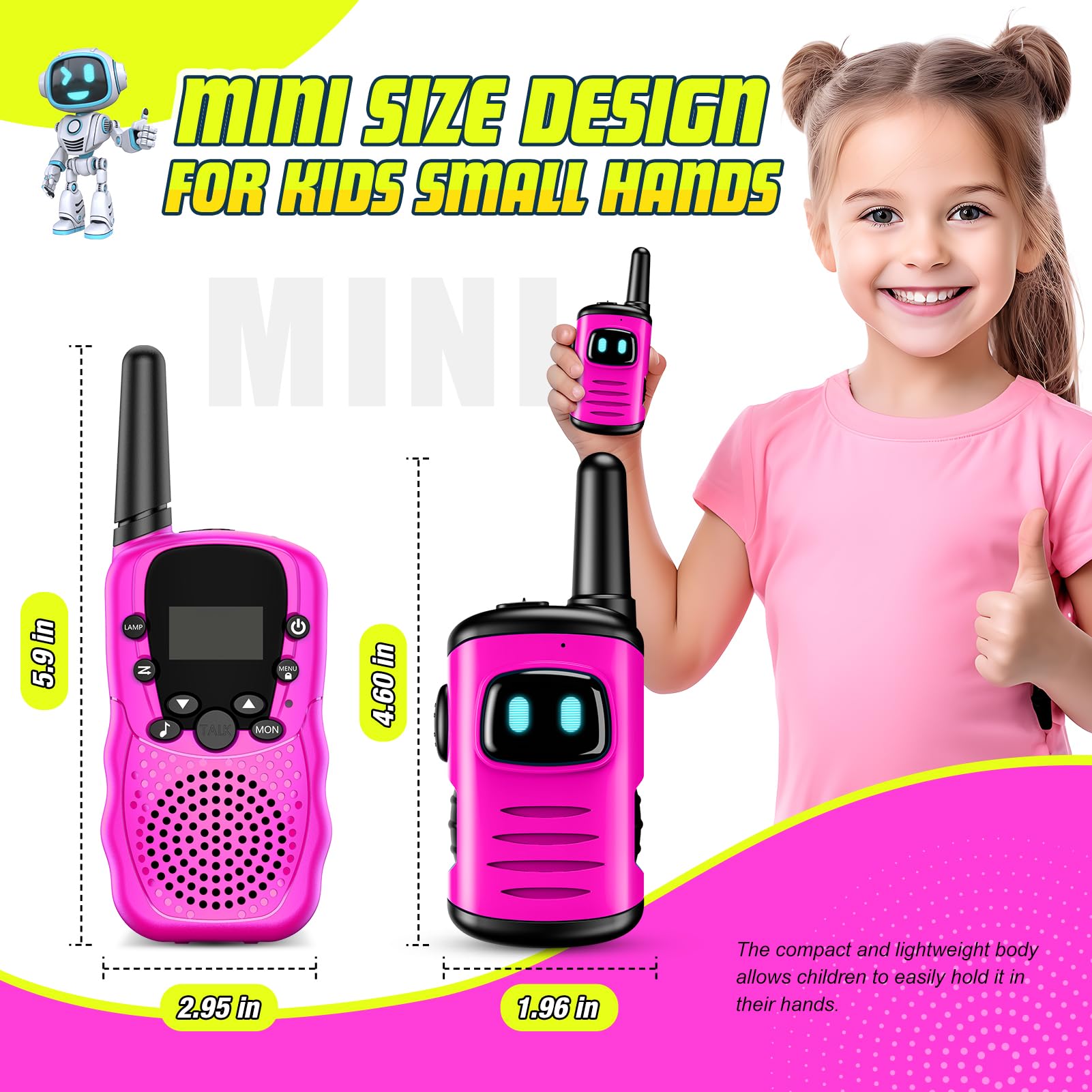comedyfun Mini Robot Walkie Talkies for Girls - Pink 2 Pack, Lightweight and Durable Toy for Ages 3-6, Up to 1000 Feet Range, Push-to-Talk, Gift for Outdoor Play