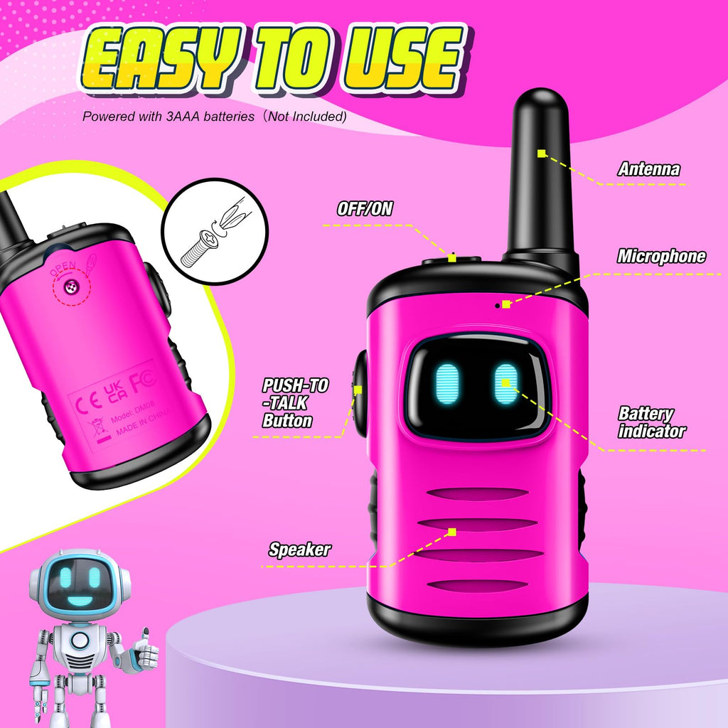 comedyfun Mini Robot Walkie Talkies for Girls - Pink 2 Pack, Lightweight and Durable Toy for Ages 3-6, Up to 1000 Feet Range, Push-to-Talk, Gift for Outdoor Play