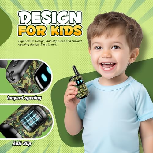 comedyfun Mini Robot Walkie Talkies for Kids 3-8 Years, 2 Pack, Green Camo, 1000ft Range, Lightweight Toy